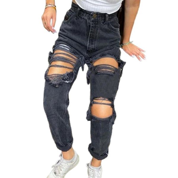 

women high waist hip hop loose jeans vintage distressed ripped hole denim pants harajuku punk straight leg trousers, Blue