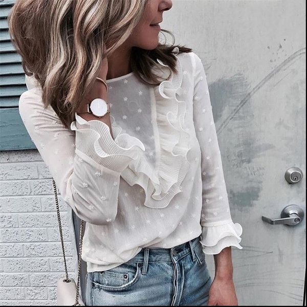 

womens boho beach ruffle frill polka dot and blouses elegant long sleeve female party blouse blusas femininas elegante, White