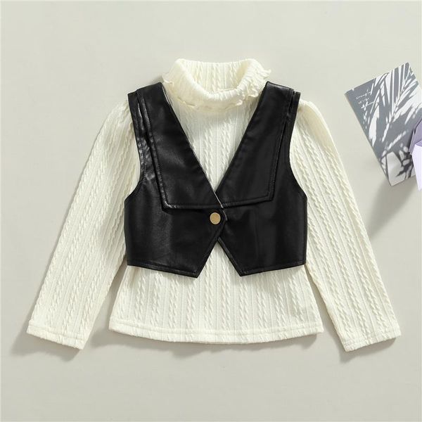 

clothing sets little girls spring fall t-shirt and vest set fashion solid color long sleeve knitted pullover with leather, White