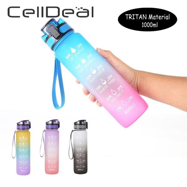 

water bottle 1l with bounce cover outdoor sports fitness tritan material frosted leakproof cup time scale reminder jug