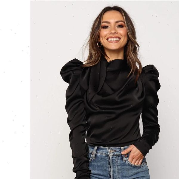 

fashion women satin blouses elegant bow neck long puff sleeve solid shirts office lady elegance s xl, White