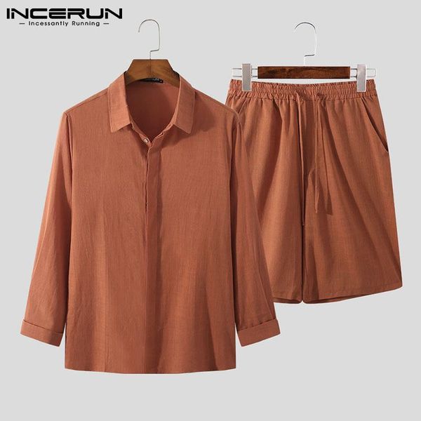 

men's tracksuits incerun solid color men sets cotton lapel long sleeve button shirt & shorts 2 pieces vintage streetwear casual suits s, Gray