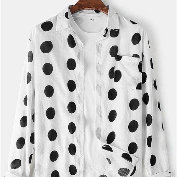 

2021 men's dot print lapel daily long sleeve shirt pocket, White;black
