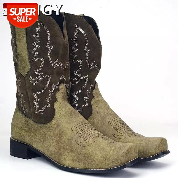 

2020 men's vintage boots square toe outdoor cowboy boots men mid calf pu leather motorcycle casual shoes embroidery male #vk6v