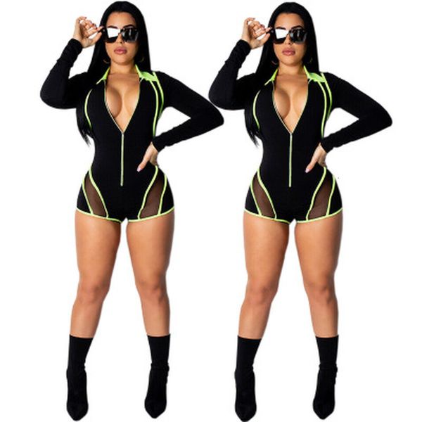 

2021 new fashion zip up long sleeve mesh panel romper neon green patchwork ny one piece short jumpsuit sproty wears hollow out wssl, White;black
