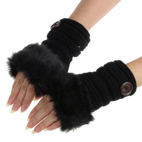 

five fingers gloves women warm winter faux fur wrist fingerless mittens bk warmer knitted long glove, Blue;gray