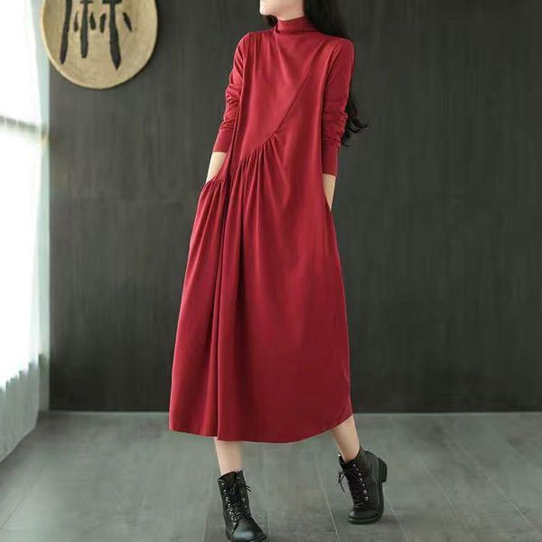 

2021 new bottom dress early autumn new art and art retro loose half high collar high waist hip vestido solid patchwork, Black;gray