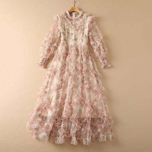 

2021 fall autumn long sleeve round neck apricot tulle floral flowers embroidery panelled long maxi dress elegant casual party dresses 21s160, Black;gray