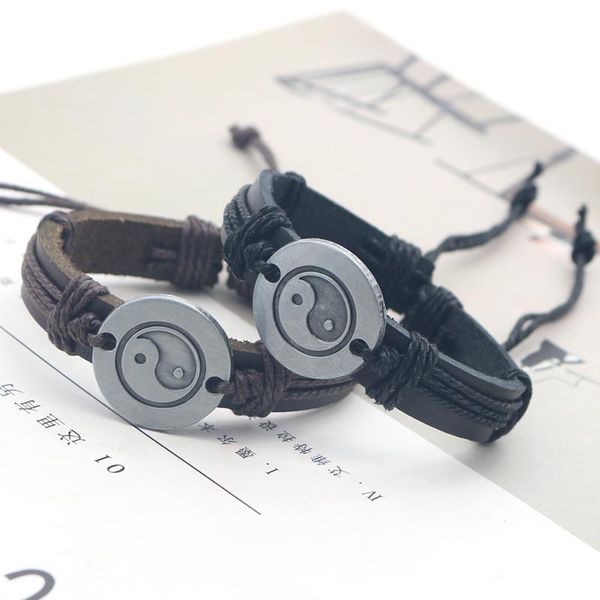 

link, chain fashion black brown optional retro tai chi alloy pendant men's and women's leather bracelet birthday gift wholesale