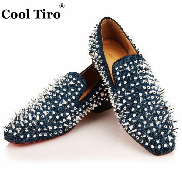 

dress shoes cool tiro blue spikes loafers men flats handmade men's wedding party rhinestones glitter slippers casual real leathe, Black
