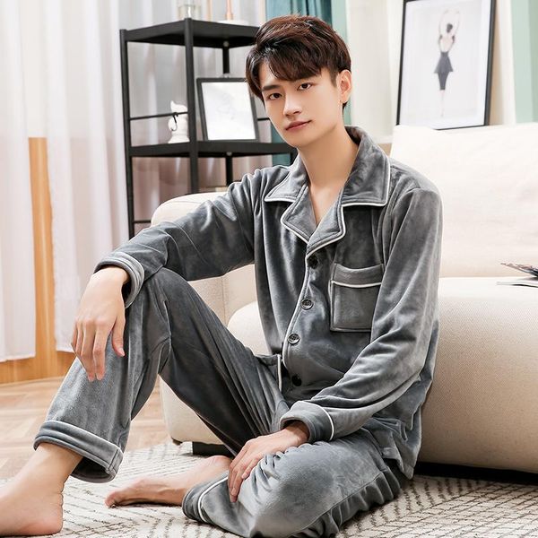 

winter thicken warm pjs man's bedroom home clothes men coral fleece pajamas gray dormir sleepwear pajamas turndown collar, Black;brown
