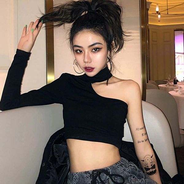 

women's t-shirt european and american fan tight-fitting short high-waisted navel female niche nightclub black slim fashion, White