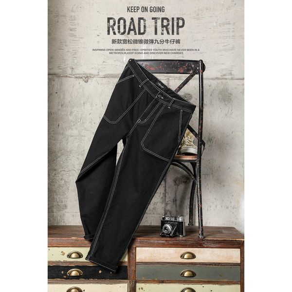 

2021 spring winter new black men loose tapered ankle-length denim trousers enzyme washed plus size jeans sj130243 3uxp, Blue