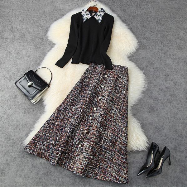 

2021 new autumn winter clothes elegant beading turn-down collar long sleeve knitted sweater +a-line wool skirt two pice set bsvm, Black