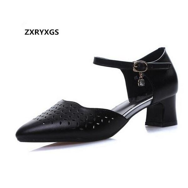 

dress shoes 2021 summer pointed hollow cowhide leather sandals for women thick with high heel fashion casual large size, Black