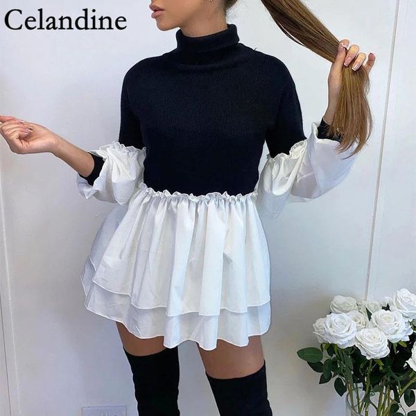 

casual dresses celandine autumn winter black turtleneck long puff sleeve mini dress women a line patchwork ruffles ladies 2021, Black;gray