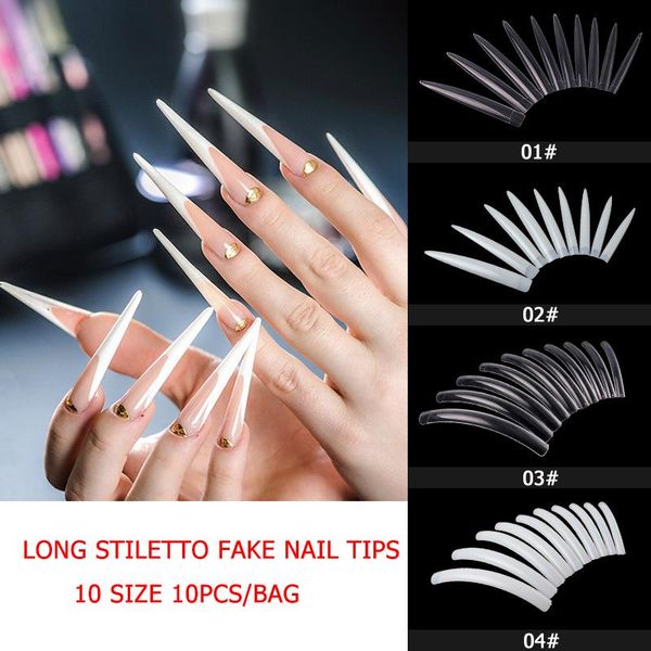 

false nails 10 pcs/bag clear natural xxl extra long stiletto fake nail tips set acrylic half cover transparent salon, Red;gold
