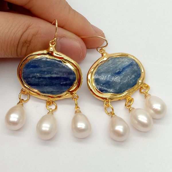

yygem vintage style natural oval blue kyanite white rice freshwater pearl dangle hook earrings gold filled for women girls gifts, Golden;silver
