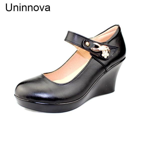

dress shoes women wedges genuine leather platform mary jane round toe business shallow upper crystal pumps court black wp146