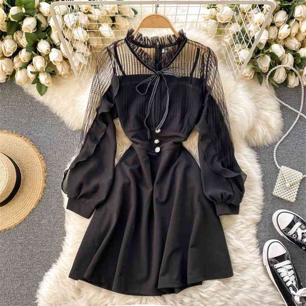

lady fashion stand neck long sleeve perspective mesh splicing short black dress women ruffle harajuku vestidos q483 210527, Black;gray