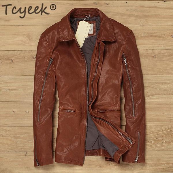 

men's leather & faux tcyeek winter 100% real genuine jacket men spring clothes 2021 streetwear natural sheepskin coat, Black