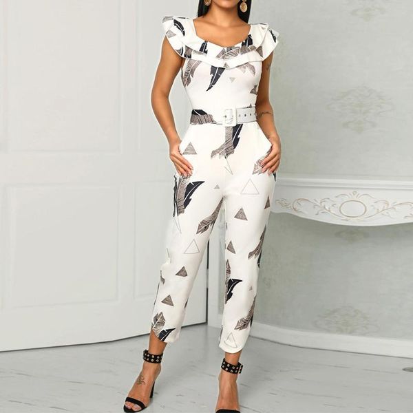 

women's jumpsuits & rompers women summer elegant sleeveless v-neck office wear jumpsuit slim fit leaf print layered ruffle split leg, Black;white