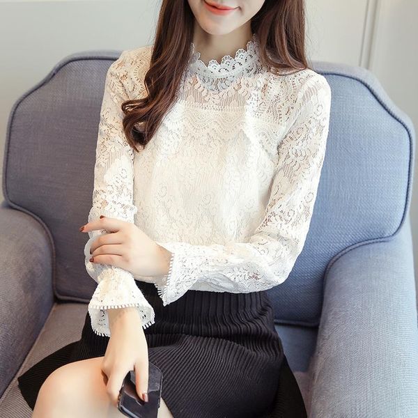 

women's blouses & shirts lace shirt blouse 2021 autumn bell sleeve fashion style long-sleeved blusas femininas elegante bottoming 910h, White