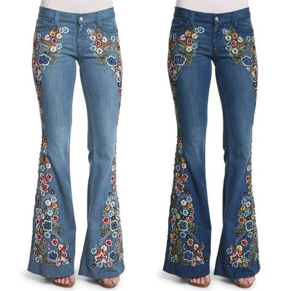 

women embroidery flowers destoryed flare jeans button waist bell bottom denim pants autumn winter pants trousers 210222, Blue