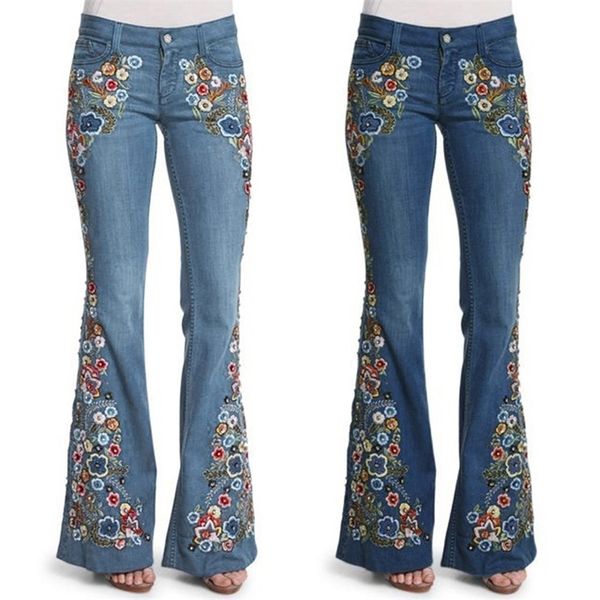 Donne Ricamo Fiori Destoryed Flare Jeans Bottone Vita Bell Bottom Denim Pantaloni Autunno Inverno Pantaloni Pantaloni 210222