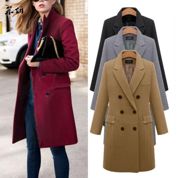 

women's trench coats 2021 autumn winter wool long coat women lapel collar double breasted fashion solid slim ladies woolen overcoat out, Tan;black
