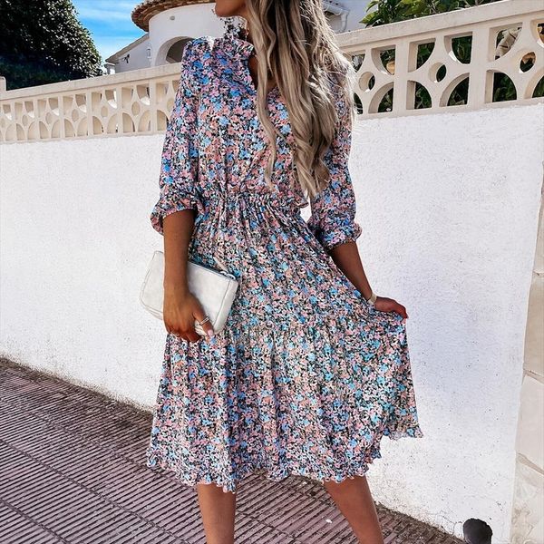 

spring and summer digital print women dress small fresh sweet lace mid length v neck floral casual beach, Black;gray