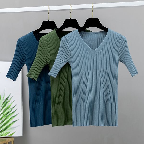 

new basic 2021 knit v neck women t shirt spring summer ribbed cotton pullover soft female short sleeves tshirt 1ti5, White