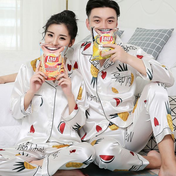 

spring autumn couples long sleeve pajamas ladies thin imitation silk pajamas suit home comfortable pajama set