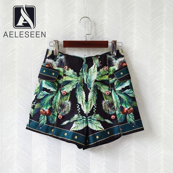 

women's shorts aeleseen runway fashion designer summer 2021 women high waist beading green floral printed casula holiday ladies, White;black