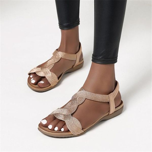 

pxelena 2021 summer women knitting beach sandals plus size 34-43 girls t tied flat sandal comfort daily walk shoes seaside, Black