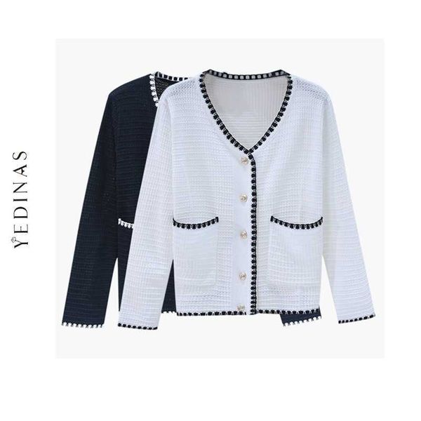 

yedinas vintage cardigan women sweater korean long sleeve v neck patchwork coat short plus size feminino 210527, White;black