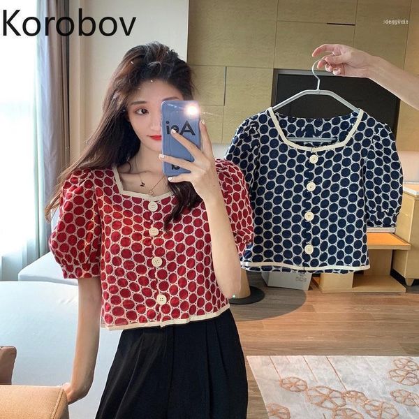 

women's blouses & shirts korobov elegant square collar sweet korean chic puff sleeve female 2021 button polka dot blusas mujer1, White