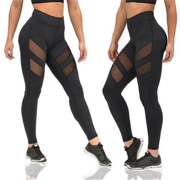 

womens mesh splicing skinny leggings fashion trend sports high waist running trousers female hip lift perspective fitness yoga sweatpants, Black