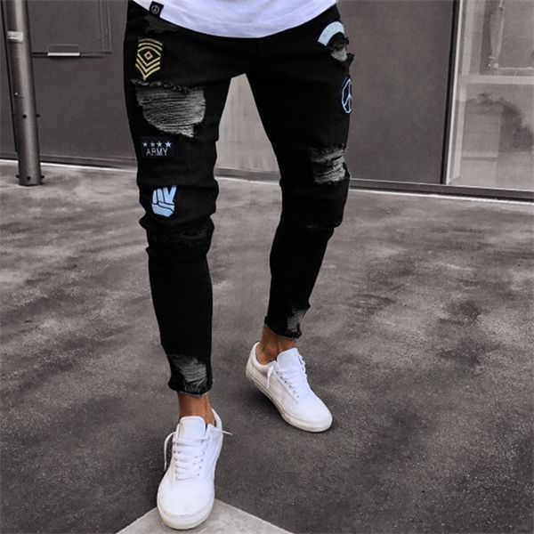 Männer Jeans Sexy Loch Abzeichen Hommes Männer Kleidung Sknny Scratch Blau Casual Bleistift Hosen X0621