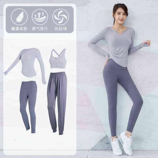 

women's t-shirt long sleeve yoga yoga female v-neck sportswear sleeved trousers running fitns suit autumn and winter products, White