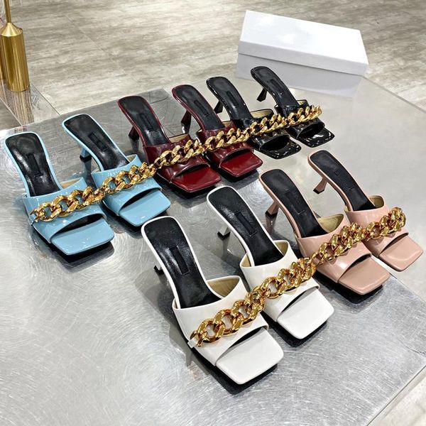 

slippers metal chain thin heels zapatos de mujer solid shoes women summer outside female open toes ladies 2021, Black