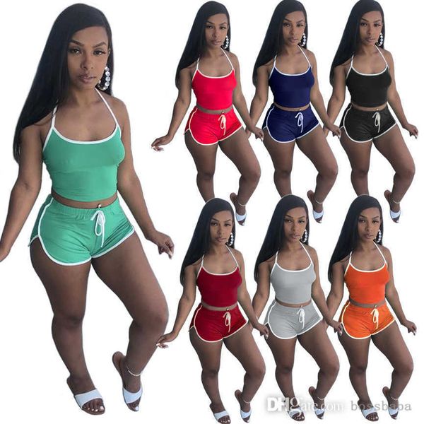 

summer women shorts set 2 two piece pants solid color tracksuits vest yoga ooutfits suit slim shirt sleeveless sportswear, White