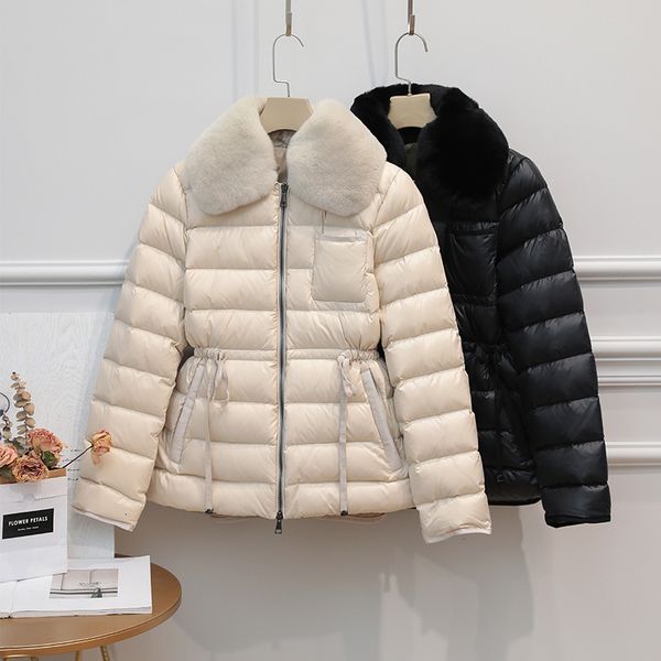 

2021 New Winter Ultra Light 90% Jacket Women Large Natural Rabbit's Hair White Duck Down Parka Sash Tie Up Warm Coats 7baa, Black