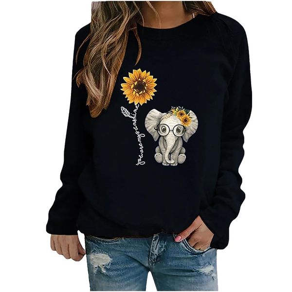 

autumn winter hip hop sweatshirt womens casual elephant sunflower print sweatshirt warm soft full street style ropa mujer, Black