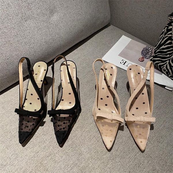 

dress shoes fashion women sandals pointed toe air mesh thin high heels slingback back strap beige/black elegant woman