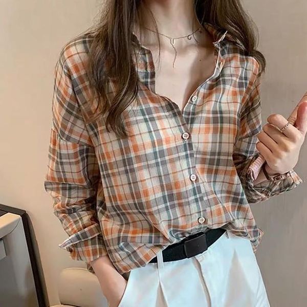 

vintage plaid print women blouse loose single-breasted autumn new long sleeve lapel shirt elegant female blousese, White