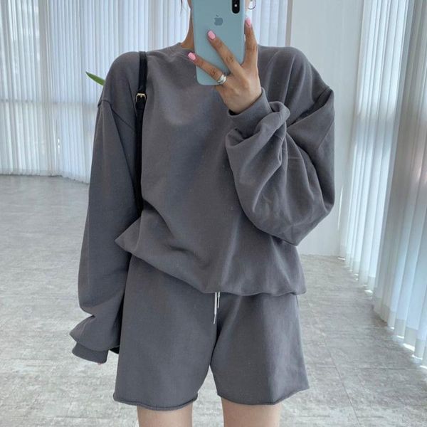 

women's tracksuits [ewq]korea casual trend women o neck pullover long-sleeved sweatshirt + fashion loose lace-up shorts 2 piece set 202, Gray