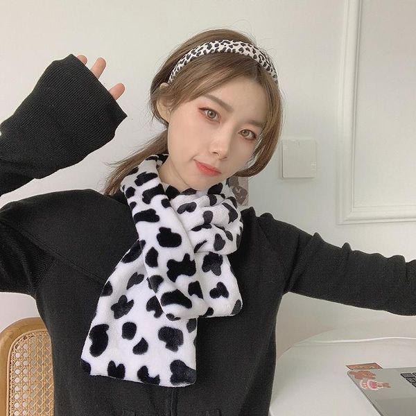 

scarves black and white cow spots print women winter warm shawl wraps furry cross imitation fur collar scarf neck warmer, Blue;gray