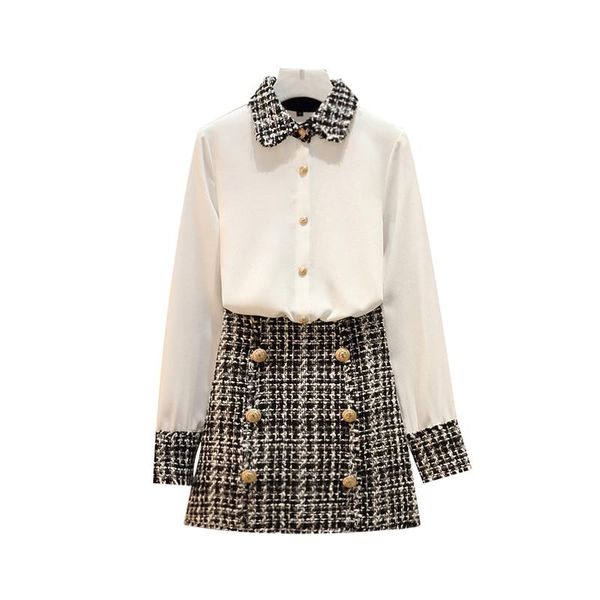 

two piece dress mozuleva autumn fashion women 2 set white chiffon patchwork tweed tassel shirt button woolen pencil skirt oversize