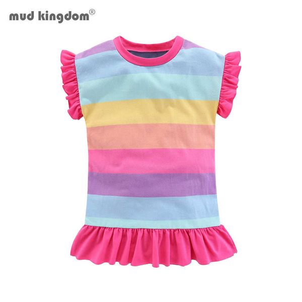 Mudkingdom criança meninas vestido listrado sem mangas ruffle arco-íris para crianças 210615